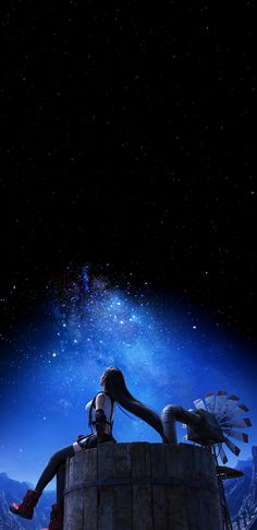 a woman sitting on top of a wooden barrel under a night sky filled with stars