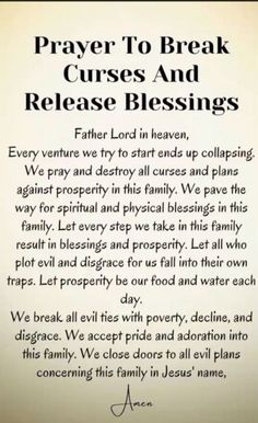 a prayer card with the words prayer to break curses and release blessinges