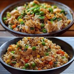 two pictures of rice with peas and chicken in a black bowl on a wooden table