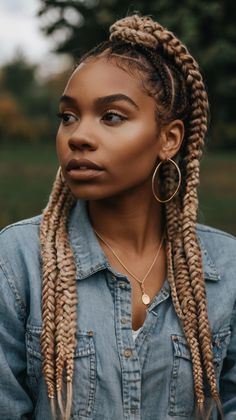 hairstyles to do with goddess box braids Goddess Box Braids Hairstyles, Chunky Box Braids, Y2k Braids, Side Swept Braid, French Braid Pigtails, French Braid Buns, Red Copper Hair Color, Mohawk Braid