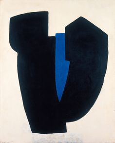 an abstract painting with black and blue shapes