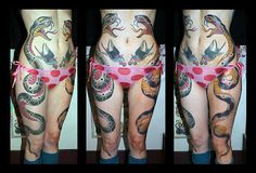 three pictures of the same woman's body with tattoos on her legs and butts