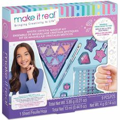 Unlock your little one's artistic potential with this fun Make It Real 9-Piece Mystic Crystal Makeup Cosmetic Kit. FEATURES Make It Real's developmental toys make great gifts for kids and tweens Makes an excellent gift!WHAT'S INCLUDED 1 eyeshadow palette, 1 cosmetic brush, 1 sheet of face jewels, 1 lip gloss, 2 rings, 2 nail polishes, 1 instruction sheetDETAILS Age: 8 years & up Product weight: 0.7 lbs. Plastic Wipe clean Imported Gift Givers: This item ships in its original packaging. If intend Make Up Kits, Water Based Nail Polish, Crystal Makeup, Cosmetic Kit, Real Butterfly, Face Jewels, Nail Polish Bottles, Cosmetic Sets, Play Date