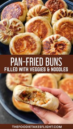 a pan fried buns filled with veggies and noodles is shown