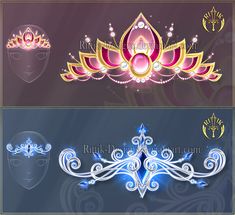 three different colored designs on a blue and purple background, each with an ornate design