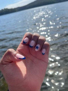 Short Nail Designs Blue Simple, Blue French Tip Nails With Stars, Blue With Stars Nails, Beach Style Nails, Blue French Tips With Stars, Gel X Nail Designs Simple, Cute Blue And White Nails, Navy Blue Nails With Stars, Acrylic Nails For Teenagers