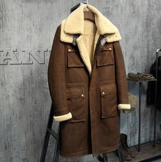 "SHEEPSKIN LONG LEATHER OVERCOAT "MISSING TIME"-Coat-Pisani Maura-Black-S-Pisani Maura" Military Style Man, Mens Shearling Coat, Leather Overcoat, Military Style Coats, Pilot Jacket, Mens Fur, Sheepskin Jacket, Fur Parka, Flight Jacket