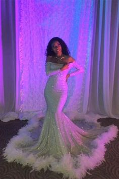 Long Sleeves Off-the-Shoulder Sequins Mermaid Long Prom Dress With Feather PD0669 Mermaid Gown Prom, Prom Dresses Black Girls Slay, Prom Girl Dresses, Senior Prom Dresses, Long Sleeve Prom, Floor Length Prom Dresses, Cute Prom Dresses