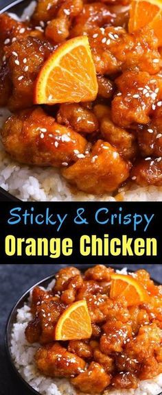 orange chicken with sticky and crispy sauce on rice