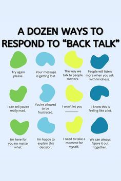 a dozen ways to respond to'back talk'poster with different colors and shapes