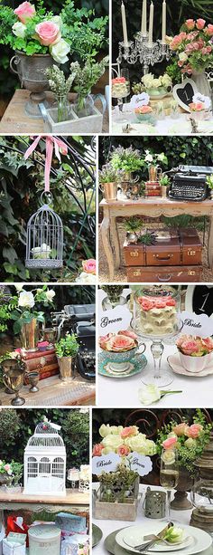 many different pictures of plates and flowers on a table