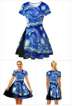 Van Gogh The Starry Night Print Dress – Galartsy Fitted Blue Star Print Dresses, Artistic Summer Party Dresses, Artistic Fitted Party Dresses, Artistic Fitted Multicolor Dress, Van Gogh The Starry Night, Gogh The Starry Night, Dresses With Vans, The Starry Night, Starry Night Van Gogh