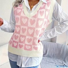 Orcajump - Heart Print V Neck Vest, Elegant Sleeveless Sweater For Spring & Fall, Women's Clothing V Neck Vest, Sleeveless Sweater, Chest Pad, Acrylic Material, Heart Print, Color Block, Women's Clothing, V Neck, Clothes For Women