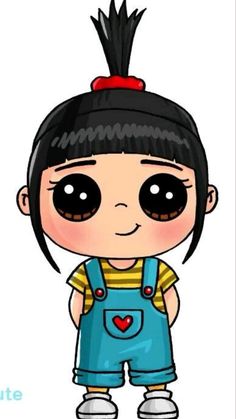 a cartoon girl with black hair and blue overalls, standing in front of a white background