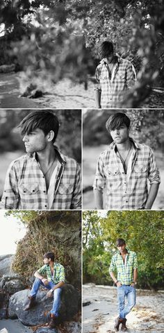 black and white photo collage of young man sitting on rock with trees in background