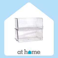 two tiered clear acrylic display case with blue background and at home logo