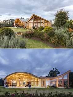 two photos side by side one shows the inside and outside of a house with large windows