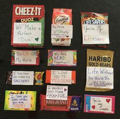 some candy bars are decorated with handwritten notes and magnets to say i love you