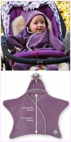 a baby in a stroller with a purple blanket on it and an arrow pointing to the