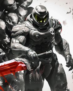 an image of a sci - fi character holding a red object in front of some skulls