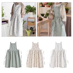 three different styles of aprons and dresses for girls with flowers on them, one in grey