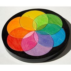 a wooden plate with colored circles on it