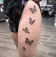 Flying Onwards Butterflies Tattoo for Thigh Butterfly Tattoo Going Up Leg, Butterflies Leg Tattoo, Butterfly Leg Tattoo, Butterfly Leg Tattoos, Thigh Band Tattoo, Butterfly Tattoo Stencil, Cute Thigh Tattoos, Flying Tattoo