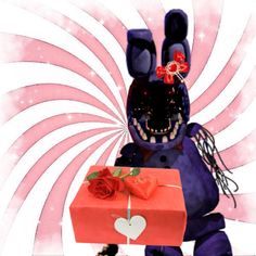 a purple bunny holding a red present box