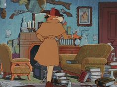 a cartoon character standing in front of a living room filled with furniture