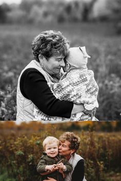 an older woman holding a child in her arms and another photo of the same person