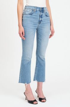 A faded wash and a raw-edge hem add to the vintage-inspired look of weekend-ready jeans cut from stretch-kissed denim. 26 1/2" inseam; 16" leg opening; 11 1/2" front rise; 15" back rise (size 29) Zip fly with button closure Five-pocket style 65% cotton, 34% organic cotton, 1% elastane Machine wash, dry flat Imported Cutoff Light Wash Flare Jeans For Fall, Mid-rise Flare Jeans With Frayed Hem, Fall Cutoff Light Wash Flare Jeans, Fall Light Wash Cutoff Flare Jeans, Light Wash Cropped Jeans With Frayed Hem For Fall, Everyday Medium Wash Flare Jeans With Frayed Hem, Flared Cropped Jeans With Frayed Hem, Flare Cropped Jeans With Frayed Hem, Everyday Medium Wash Cropped Jeans With Frayed Hem