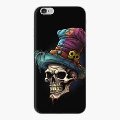 a phone case with a skull wearing a witches hat on it's back cover