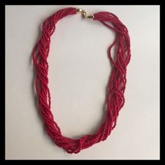 Red 5Strands Red Beads Necklace Twisted Multi Strand Raspberry Beads Red Necklace. Approx 22". Goldtone Clasp with Trifari logo.  Never worn (just for my collections) Great to wear for special ocassions or just solid tshirt and a jeans. Perfect for layering too! Please feel free to ask questions. Thank You😊 Trifari Jewelry Necklaces Red Multi-strand Beaded Necklace, Red Multi-strand Beaded Chain Necklaces, Red Multi-strand Beaded Chain Necklace, Multi-strand Red Necklace With Colorful Beads, Elegant Red Multi-strand Beads, Red Multi-strand Polished Beads Necklace, Red Multi-strand Beads For Gift, Handmade Red Multi-strand Beads, Red Multi-strand Beaded Necklaces With Large Beads