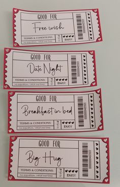 three red and white printable coupons for breakfast in bed, with the words good for