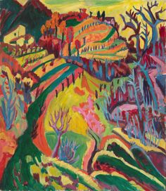 an abstract painting of hills and trees