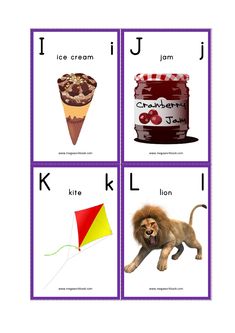 four cards with pictures of animals and letters on them, including an ice cream cone