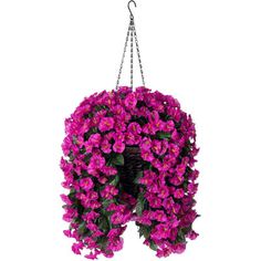 purple flowers hanging from a metal chain