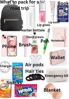 the contents of a travel bag with text that says what to pack for a road trip