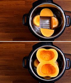 two pictures showing the inside of an electric pressure cooker with peeled and cut pumpkins in it