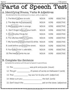 parts of speech worksheet for students to practice their english speaking and writing skills