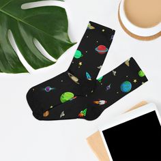 Out of this World with a pair of unique SPACE Socks to make dressing fun. A true one size fits all, and are available from W's size 5 US up to M's size 12 US. A lot of stretch with durable print quality - no fade - you will love them. .: 58% Recycled Polyester 22% Nylon 15% Cotton 5% Elastane .: 200 needle knit premium socks .: One size fits all (W's size 5 US up to M's size 12 US) MADE IN USA Any questions, please do not hesitate to message or store. Navy Blue Socks Space, Space Socks, Astronomy Socks, Playful Black Non-slip Socks, Happy Socks Mens, Comfortable Multicolor Non-slip Socks, Space Fashion, Sock Gifts, Unisex Gifts