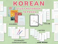 the korean study notebook is full of notes, covers, and more than one page