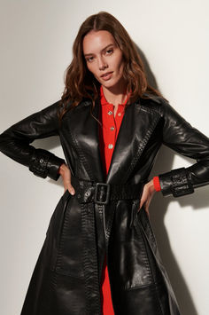 Amp up the drama of any outfit with the Carolyn leather trench coat, a full-length style that’s as edgy as it is stunningly crafted. This belted coat with stitching details throughout and a wide, deep-V notch collar features buckles at the cuffs and at the waist belt. It’s made from full-grain English leather and is fully lined for comfort from morning to night. Leather Dress Women, Leather Trench, Stitching Details, Leather Trench Coat, Belted Coat, Notch Collar, The Drama, Notched Collar, Leather Dress