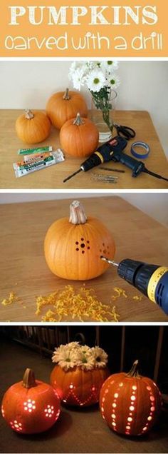 some pumpkins with holes in them sitting on a table