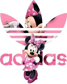 minnie mouse with pink and white polka dots on it's head, standing in front of the adidas logo