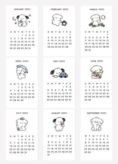 a calendar with cartoon animals on it and the dates for each month in different languages