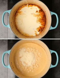 two pictures showing how to make an egg mixture in a dutch oven with milk and sugar