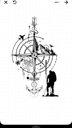 a black and white drawing of a person standing next to a compass