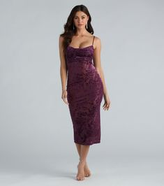 A stunning look for all your events including weddings, bridal showers, bridesmaids, bachelorette parties, and engagement shoots. Perfect for High School & College Homecoming 2023, Hoco, Dances, Formals, and Parties. Make a stylish debut at your next party in this stunning floral flocked mesh midi dress. It features a sleeveless cowl neckline, adjustable spaghetti straps, a midi-length hem with a back slit accent, and a slim-fit silhouette. The sheer mesh fabric features a floral velvet flocked Semi Formal Dresses Midi, Midi Hoco Dress, Purple Dress Midi, College Homecoming, Homecoming 2023, Purple Dresses Formal, Bridesmaids Bachelorette, Mesh Midi Dress