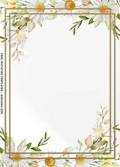 a square frame with daisies and leaves on the edges is shown in gold foil